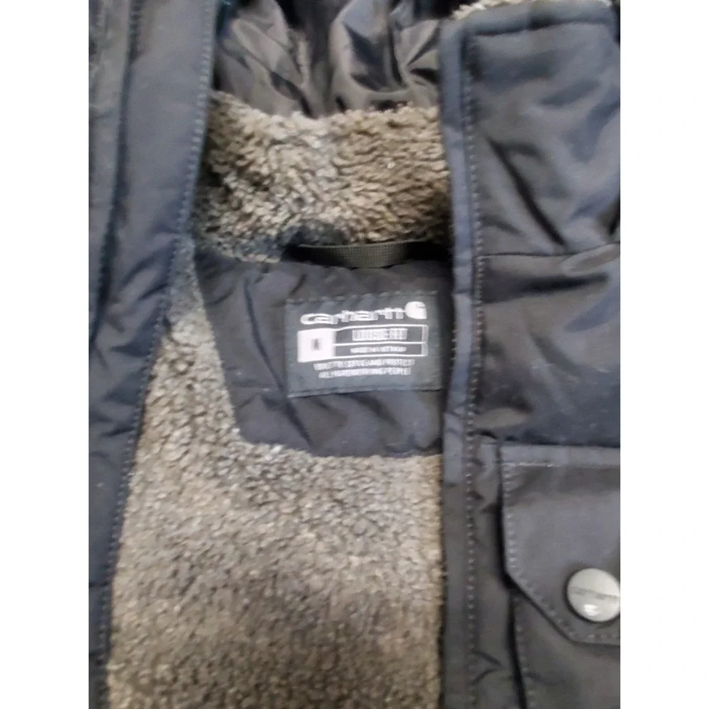 Carhartt Montana Black Puffer Loose Fit Hood Coat Jacket Medium Logo Winter